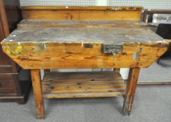 A vintage galleried work bench with Marples England vice,