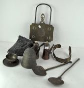 A quantity of metalware including a bell, 19th century medieval armour face visor,