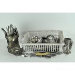 A collection of silver plate, comprising flatware, pierced stands, photo frame and other items