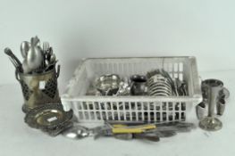 A collection of silver plate, comprising flatware, pierced stands, photo frame and other items