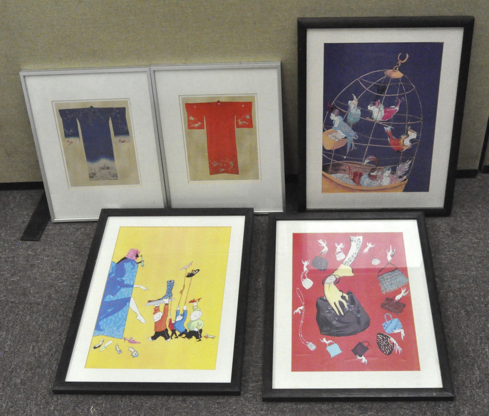 Five contemporary prints, including a small pair of prints of kimonos in silver coloured frames, - Image 2 of 2