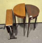 Two small Regency mahogany half moon side tables together with a small drop leaf mahogany table