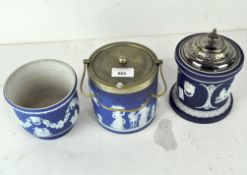Two 20th century Wedgwood blue jasperware metal lidded biscuit barrels together with a jardiniere