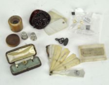 Assorted wares, including two silver thimbles in wooden thimble pot,