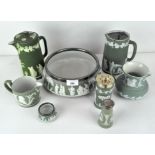 A collection of eight Wedgwood dipped green jasperware pieces,