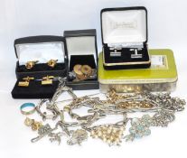Assorted costume jewellery, comprising buttons, cufflinks, a gold clasped string of pearls,