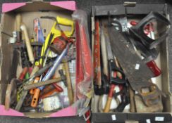 Two boxes of assorted tools, to include saws, iron foot last,