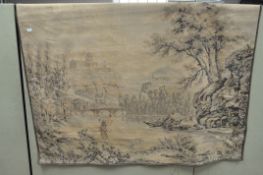 A large wall hanging woven with a scene of figures by a lake in front of a palace on a hill,