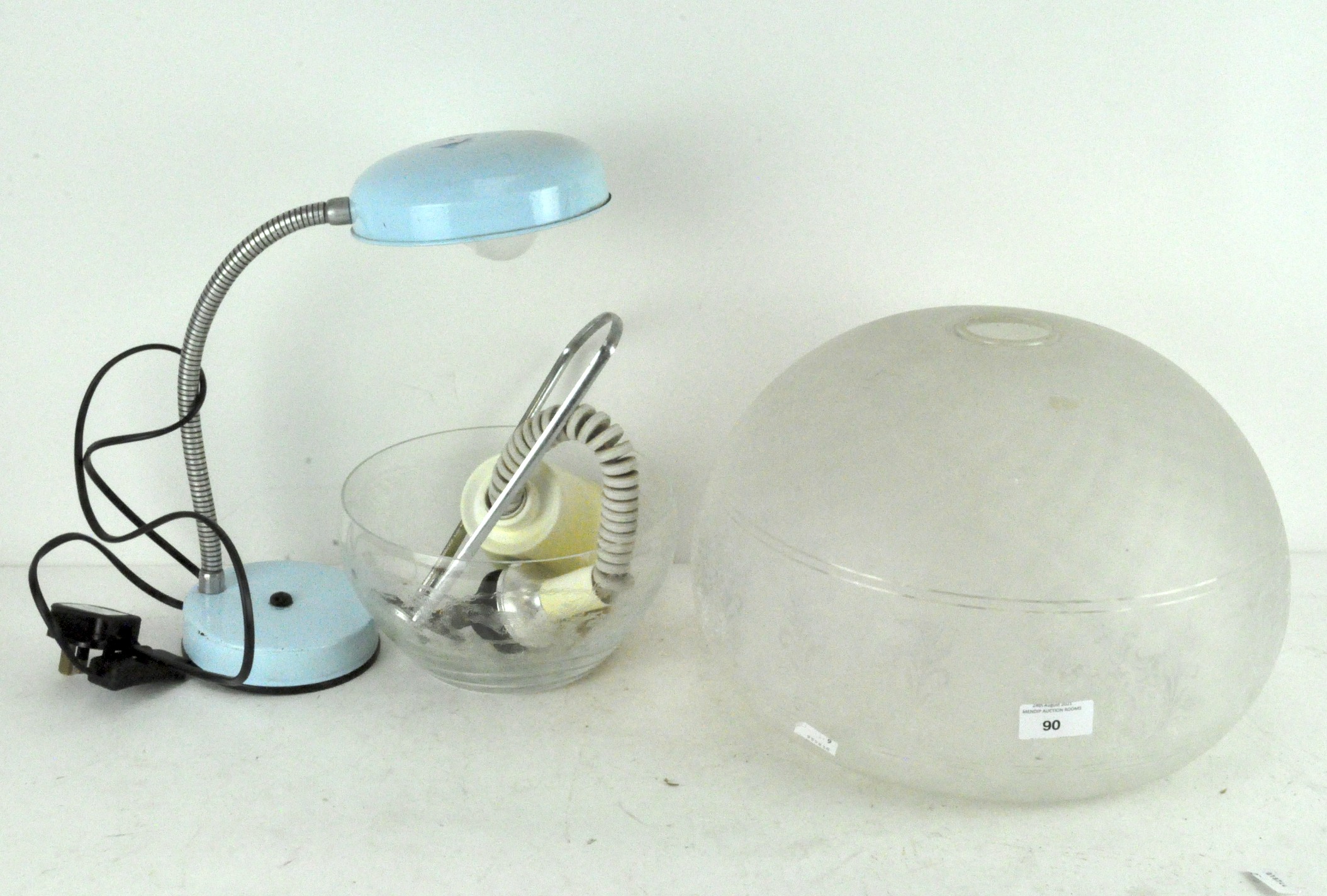 A 1970's electric adjustable desk lamp together with a large frosted glass shade and one other lamp