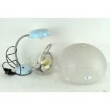 A 1970's electric adjustable desk lamp together with a large frosted glass shade and one other lamp