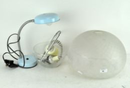 A 1970's electric adjustable desk lamp together with a large frosted glass shade and one other lamp