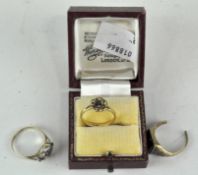 Three 9ct gold rings, two set with stones, (one AF),
