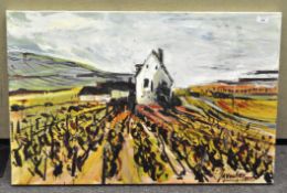 A group pf pictures including a canvas of a house in a farmed landscape,