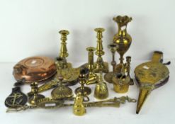 A quantity of vintage brassware including bellows,