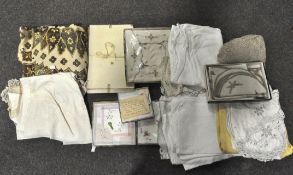 A collection of vintage linen, late Victorian/Edwardian and later, including boxed handkerchiefs,