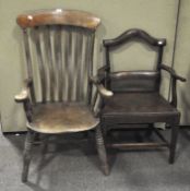 Two Victorian country chairs, comprising an oak carver with splayed supports,