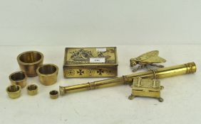 Two brass pill boxes modelled as a chest and an insect, together with other items