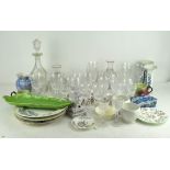 A large group of vintage and modern glassware and decanters together with various stoneware