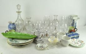 A large group of vintage and modern glassware and decanters together with various stoneware