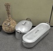 Two large metal fish pans with lids, lengths 80 cm and 50 cm (approx): together with a weave basket,