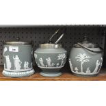 Three Wedgwood green jasperware biscuit barrels and covers with EPNS mounts,