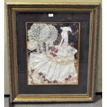 A textile collage picture depicting a lady in period dress,
