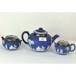A Wedgwood blue jasperware silver mounted three piece tea set