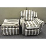 A modern beige and cream striped armchair with matching footstool