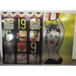 Two large pop art metal print artworks on wooden stretchers, including a Lichtenstein image,