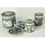 A collection of six Wedgwood dipped green jasperware ornamental jars