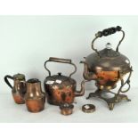 A collection of 19th century copper, including a kettle on stand, a teapot and cover,