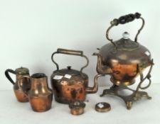 A collection of 19th century copper, including a kettle on stand, a teapot and cover,