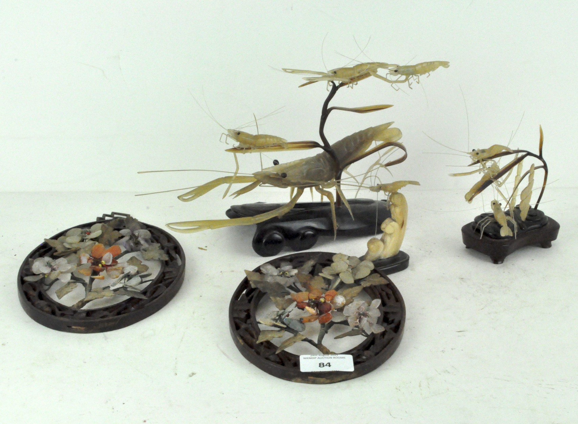 Three Chinese 20th century horn crayfish models in sizes, and other items