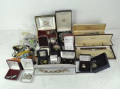 An assortment of vintage costume jewellery, to include a pair of silver and turquoise drop earrings,