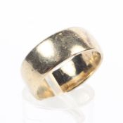 A yellow metal 7.20mm D shape wedding ring. No hallmark; stamped 585 indicating 14ct gold. Size N