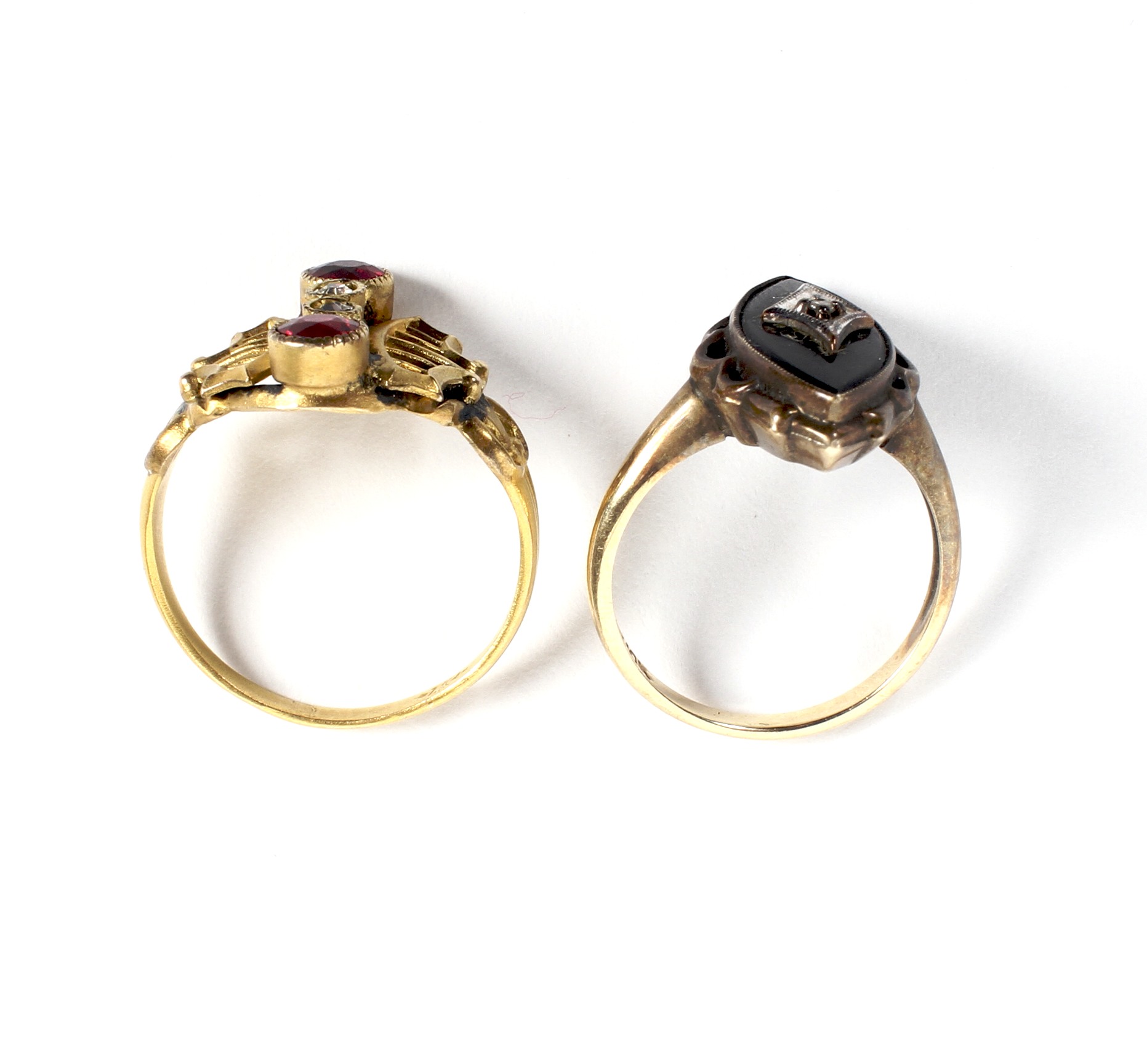 Two yellow metal dress rings, one being art deco and stamped 10k, combined weight 4. - Image 2 of 3