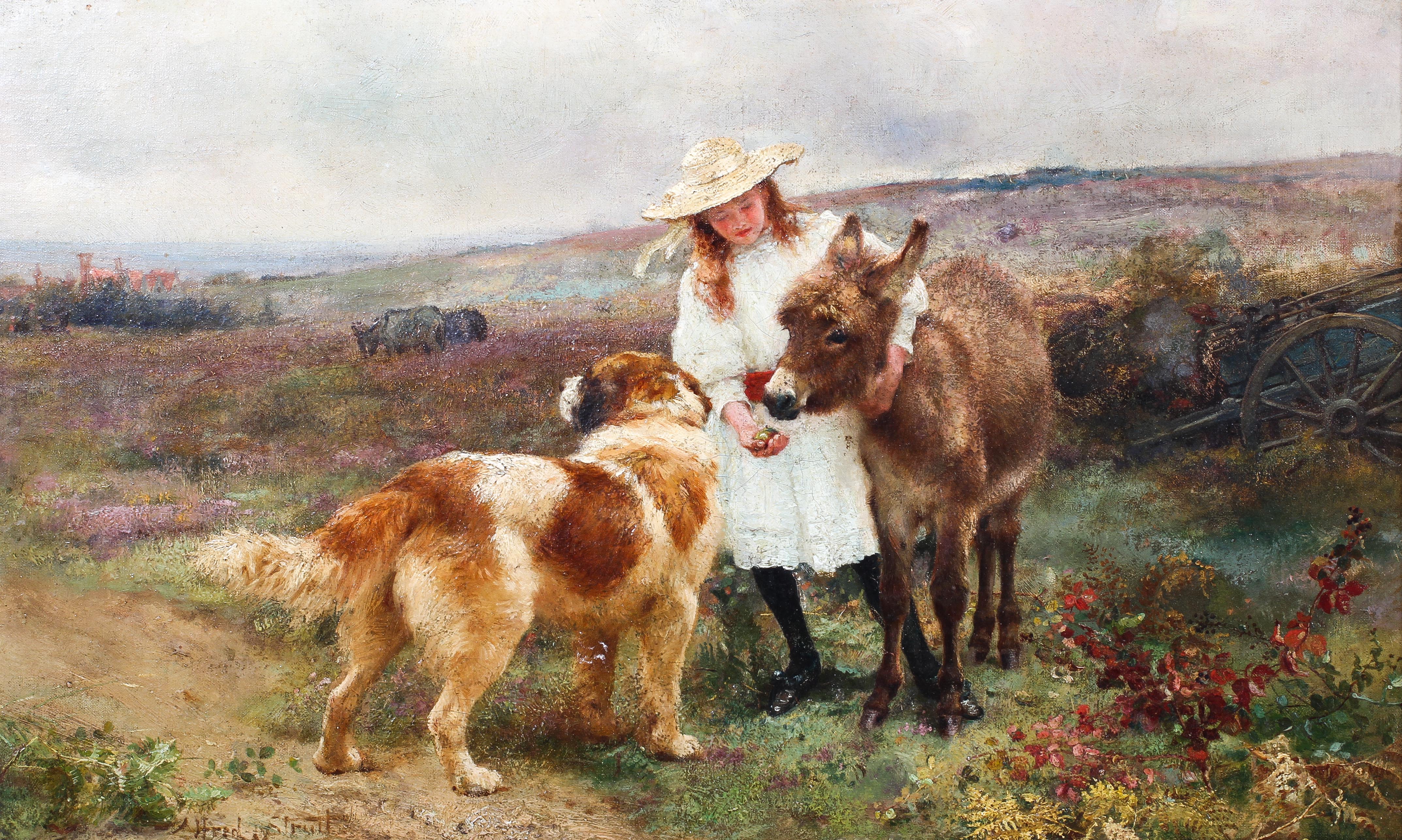 Alfred William Strutt (1856-1924), Girl feeding a donkey with a St Bernard, oil on canvas,