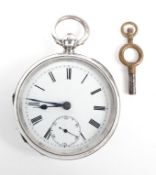 A silver open faced key wind pocket watch, with subsidiary seconds dial, Birmingham 1893,