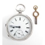 A silver open faced key wind pocket watch, with subsidiary seconds dial, Birmingham 1893,