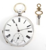 A silver open faced key wind pocket watch, with subsidiary seconds dial,