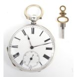 A silver open faced key wind pocket watch, with subsidiary seconds dial,