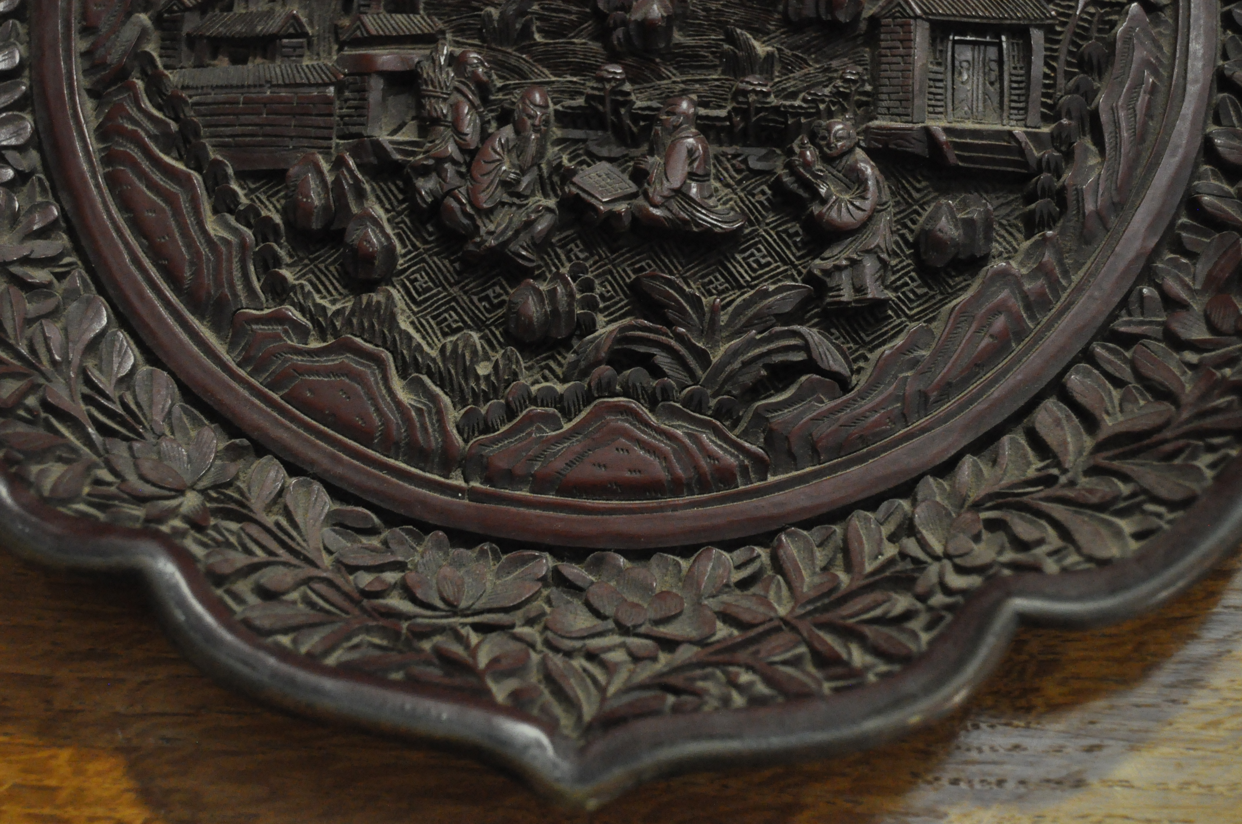 A Chinese carved cinnabar lacquer dish, 19th Century with 18th Century mark, - Image 4 of 12