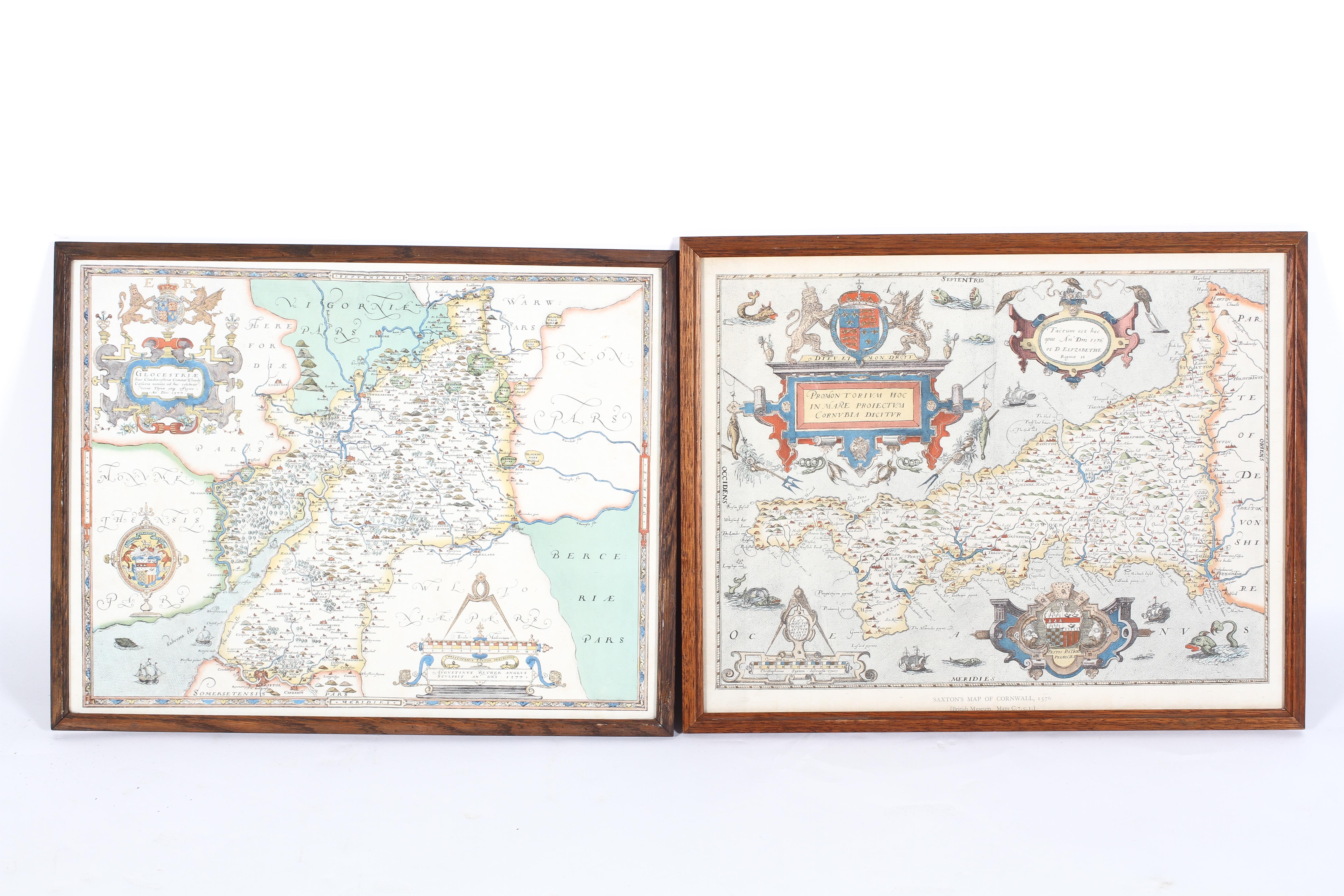 Two hand coloured prints of Saxton's maps, comprising: Cornwall 1576 and Gloucestershire 1577, - Image 2 of 3