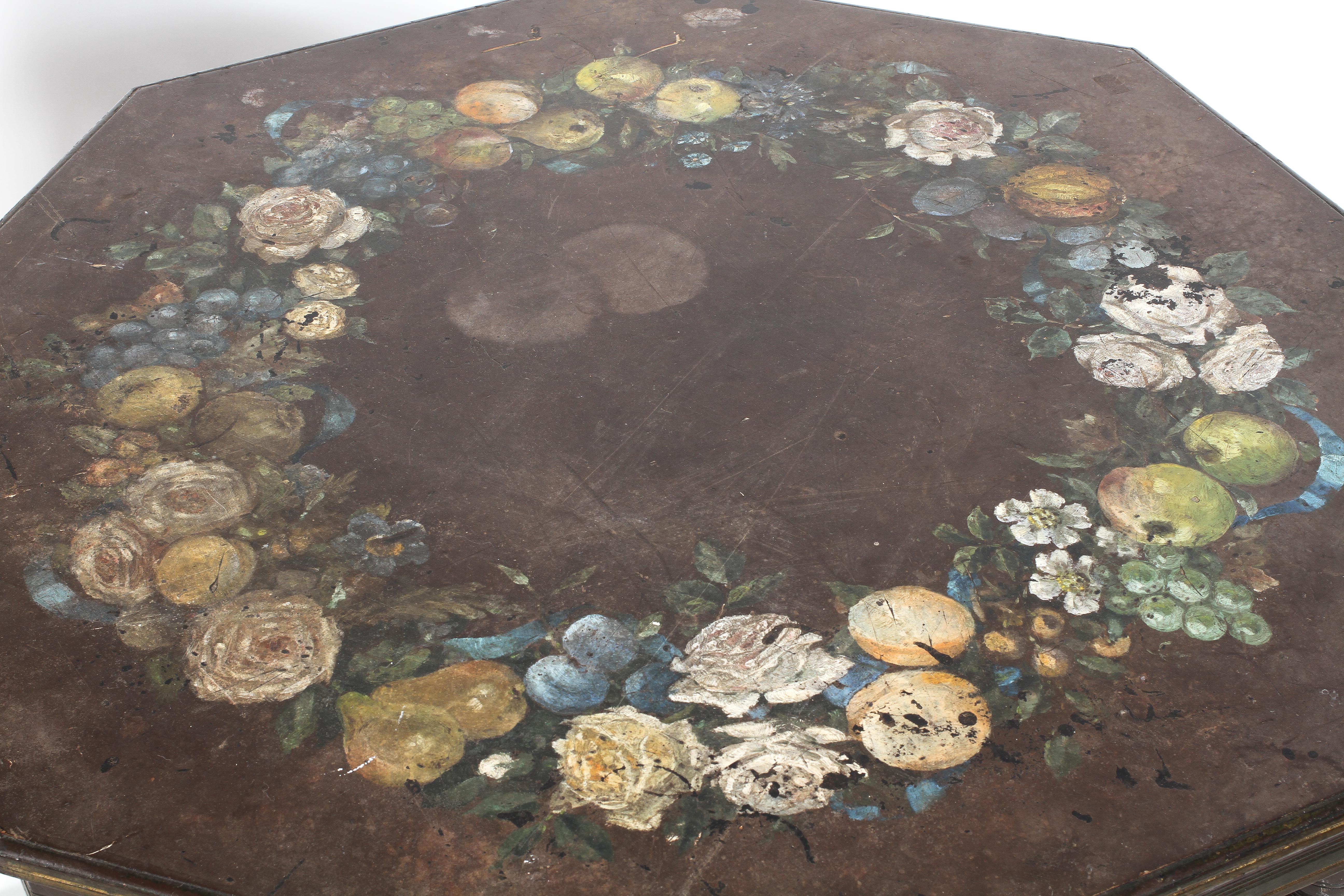 A Victorian painted octagonal occasional table, painted with a fruit garland to top, - Image 2 of 2