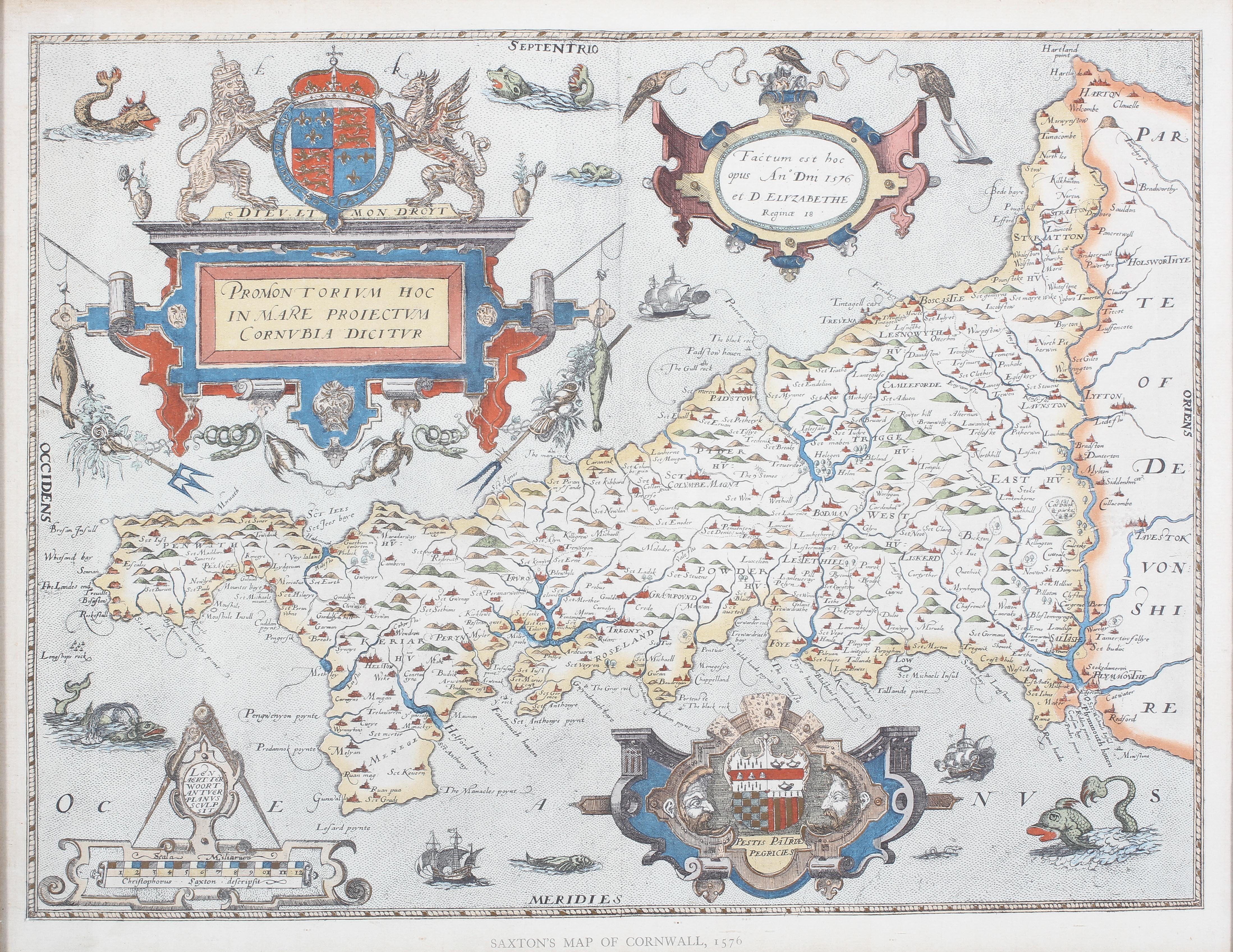 Two hand coloured prints of Saxton's maps, comprising: Cornwall 1576 and Gloucestershire 1577, - Image 3 of 3
