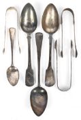 Three Georgian silver tablespoons, together with a dessert spoon and three sets of sugar tongs,