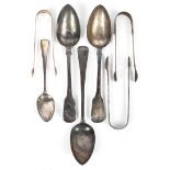 Three Georgian silver tablespoons, together with a dessert spoon and three sets of sugar tongs,