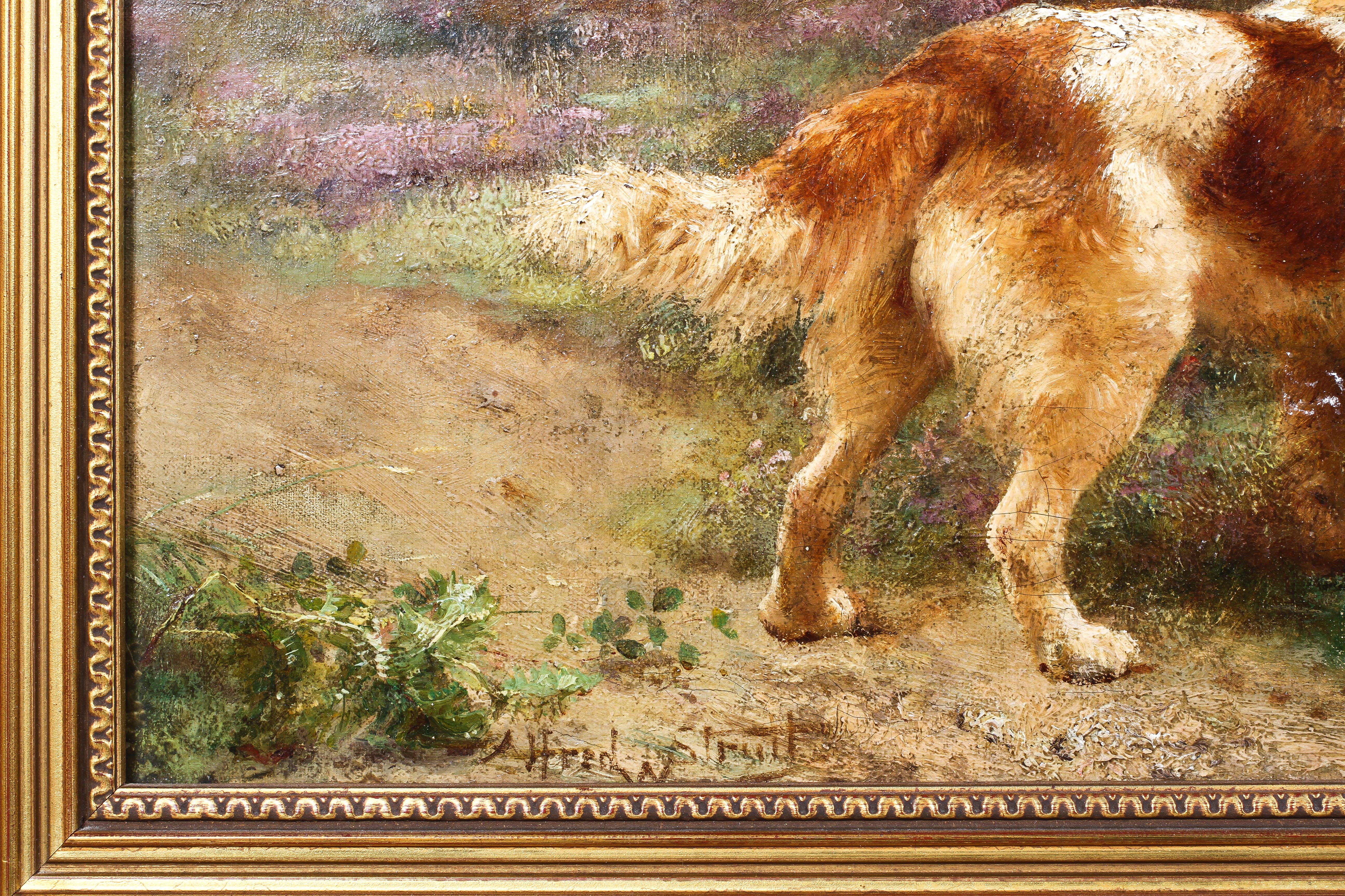 Alfred William Strutt (1856-1924), Girl feeding a donkey with a St Bernard, oil on canvas, - Image 3 of 9