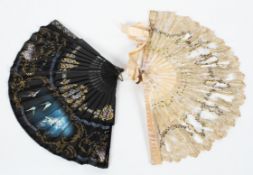A mid-late 19th century French mother of pearl fan, with painted lace and sequined leaf, another,