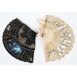 A mid-late 19th century French mother of pearl fan, with painted lace and sequined leaf, another,